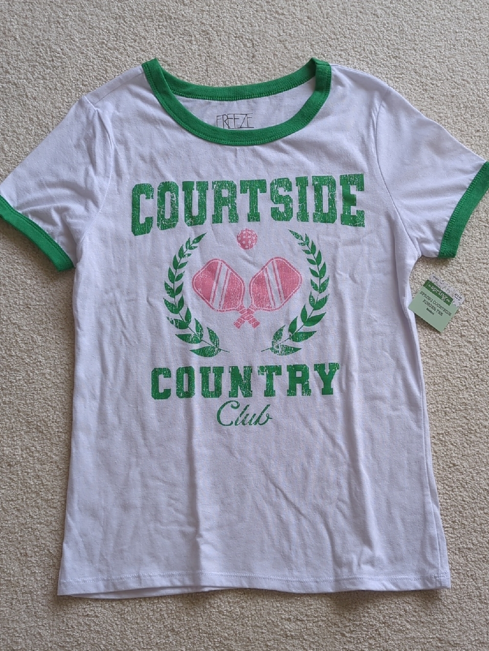 3 For $30. Freeze White Ringer Tee with Green Trim and Pink Paddle Graphic